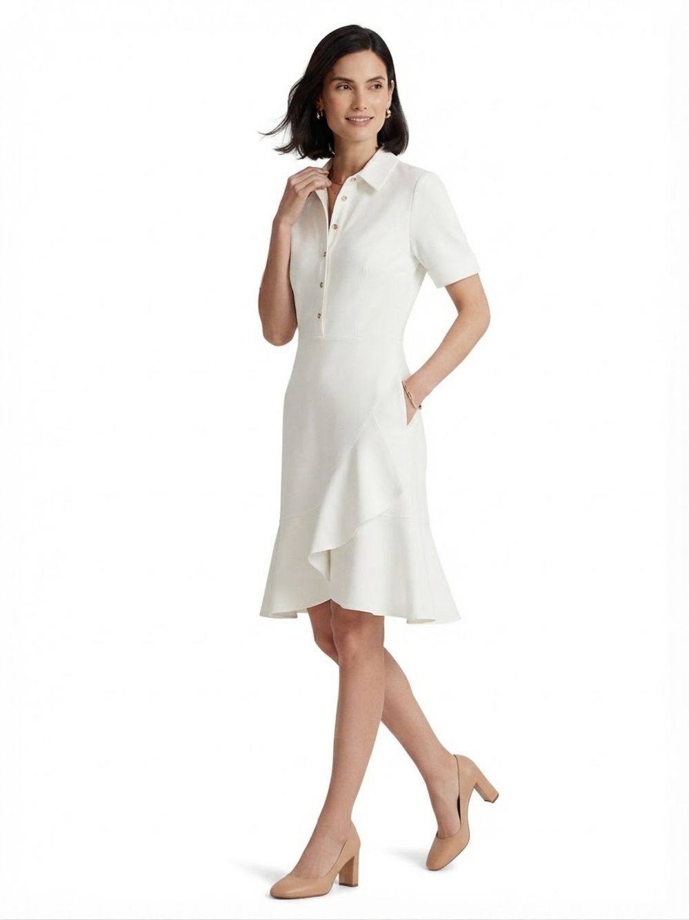 Tommy Hilfiger White Collared Ruffle Hem Dress Size M